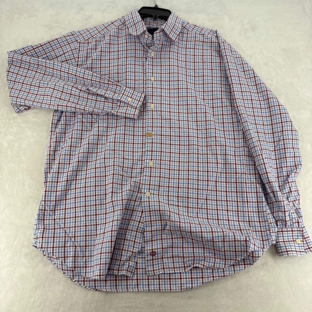 David Donahue Dress Shirt 17.5 36/37 Blue Burgundy Plaid Cotton Button Down